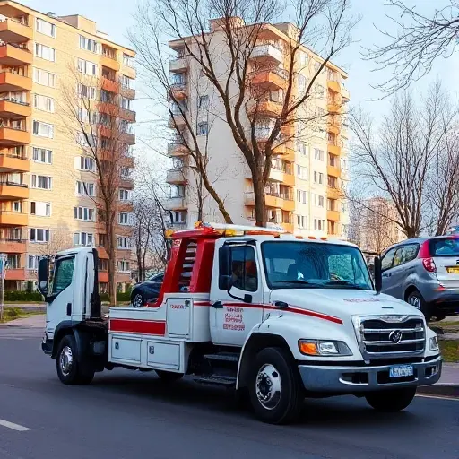 Эвакуатор Южное Медведково, Москва: Полное Руководство A tow truck parked on a residential street in South Medvedkovo, Moscow, with typical Moscow apartment buildings in the background, a small towed car attached to the truck, and a clear sky.