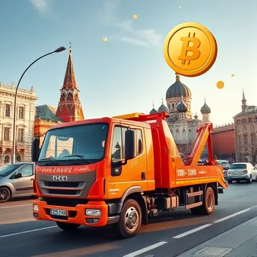 A friendly, affordable tow truck parked on a Moscow street with recognizable city architecture in the background, such as the Kremlin dome silhouette, under a clear sky. The scene shows the tow truck's hook and platform ready for service, with a subtle hint of a price tag symbol (like a small coin) floating nearby to suggest low cost, but no text or numbers. The atmosphere is calm and helpful, emphasizing reliability and affordability.