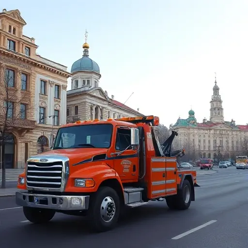 A tow truck parked on a street in Voronezh, with the city’s iconic landmarks in the background, no text or signage visible, realistic style, clear lighting