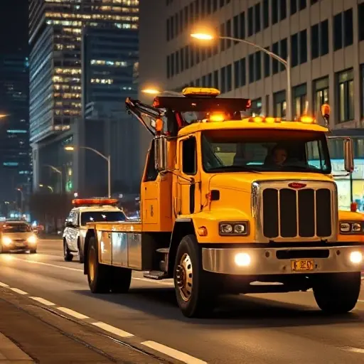 грузовой эвакуатор москва круглосуточно A heavy-duty yellow tow truck driving on a city street at night with illuminated buildings in the background, cinematic lighting, high detail