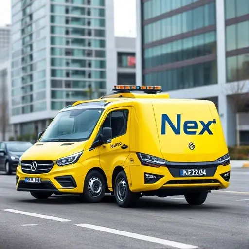 A modern Next tow truck with a sleek, contemporary design and bright color, towing a car, set against a clean city backdrop, showcasing advanced technology features, with no text, letters, digits, or logos