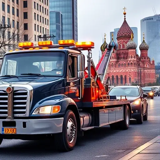 A realistic depiction of a modern tow truck in Moscow, equipped with necessary tools such as a winch, hydraulic jack, and safety lights, pulling a car on a city street with iconic Moscow skyline in the background, showing a professional driver in uniform, no text or signage