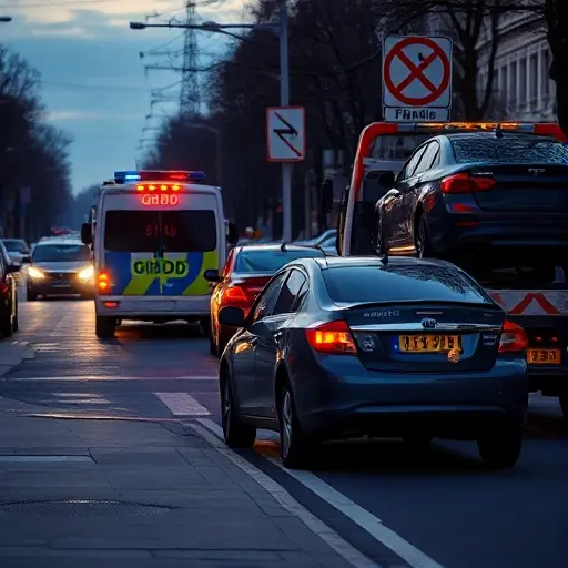 A busy Moscow street scene at dusk, featuring a car illegally parked on a curb, a GIBDD police vehicle with a tow truck in the background, a traffic sign indicating parking restriction, and a tow truck operator loading the car onto the truck. No text, letters, or digits in the image.