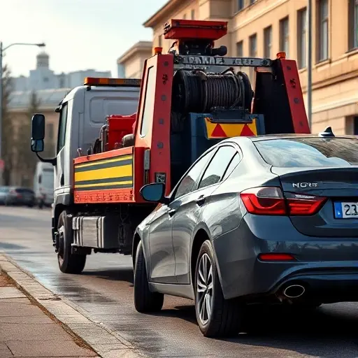 A realistic depiction of a tow truck parked on Bolshoy Vlasevsky Lane, with a broken car beside it. The scene shows the tow truck's hydraulic winch ready to lift the car, a city street with subtle background buildings, and a clear sky. No people or additional vehicles should be present.