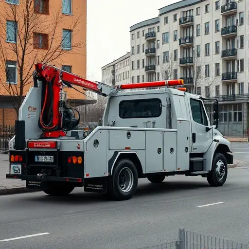 A realistic scene of a modern tow truck parked on a Moscow street in the Kuntsevo district, showcasing essential equipment such as a hydraulic winch, crane arm, and tool storage compartments. The background includes typical urban buildings and a quiet street, with the focus on the vehicle and its gear, captured in a detailed, high-quality smallHQ style.