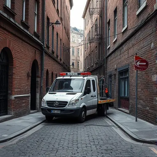 A realistic scene of a tow truck (evacuator) parked in a narrow urban alley called 4th Likhachevsky Lane, with cobblestone pavement, old brick buildings on both sides, street lamps, and a subtle traffic sign, without any people or text.
