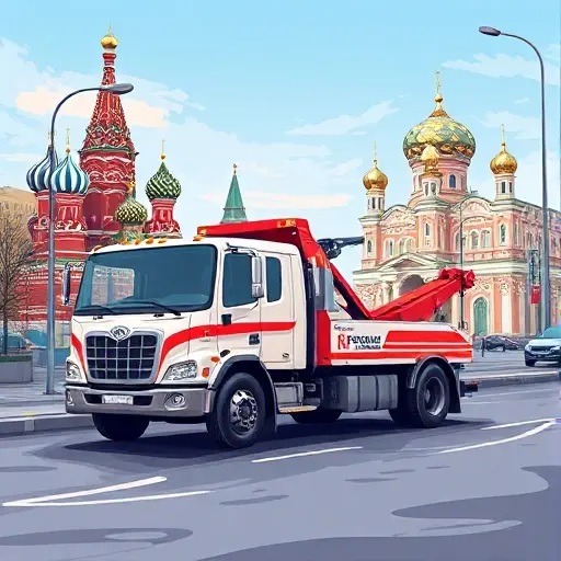 A realistic illustration of a tow truck parked on a city street, with iconic landmarks of Moscow and St. Petersburg subtly visible in the background, showing the tow truck's features and the contrast between the two cities' architecture, no people or other vehicles, no text or lettering, in a detailed, high-quality style.