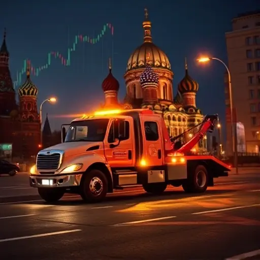 A realistic scene of a tow truck parked on a Moscow street, with the iconic Kremlin dome visible in the background. The truck is illuminated by city lights, and subtle visual elements like a faint overlay of a financial chart or currency symbols (e.g., ruble signs) are integrated into the environment without forming readable text. The composition conveys the concept of earnings and urban work, using a balanced perspective that highlights both the vehicle and the cityscape.