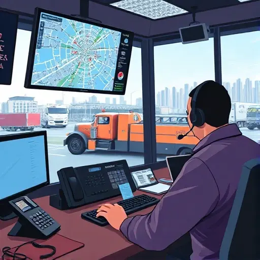 A busy dispatch center in Yoshkar-Ola with a dispatcher speaking into a headset, a large screen displaying a city map, a tow truck parked outside the office, a phone on the desk, and the city skyline visible through a window. The scene should convey urgency and coordination without any text, letters, or numbers in the image.