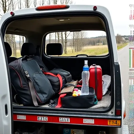 A tow truck in a rural Russian setting, towing a car. Inside the car, personal belongings such as a backpack, a suitcase, a small child’s toy, and a water bottle are neatly secured with straps and placed in a designated area to show safety. The tow truck has a generic logo but no text. The background shows a quiet road with trees and a distant view of a small town.