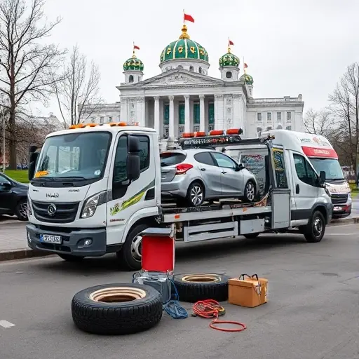 A modern tow truck parked in front of a recognizable Tobolsk landmark, with a car on a trailer, a battery charger, a flat tire, and a service van in the background, all depicted without any text or lettering
