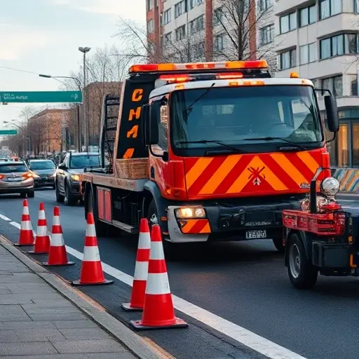 A professional tow truck (evacuator) parked at the side of a busy urban street in Moscow or Novgorod, with safety cones and reflective warning lights surrounding the vehicle, a calm scene of a traffic incident being managed, showing the tow truck operator directing traffic and ensuring safety, realistic lighting, clear sky, no text or signage visible