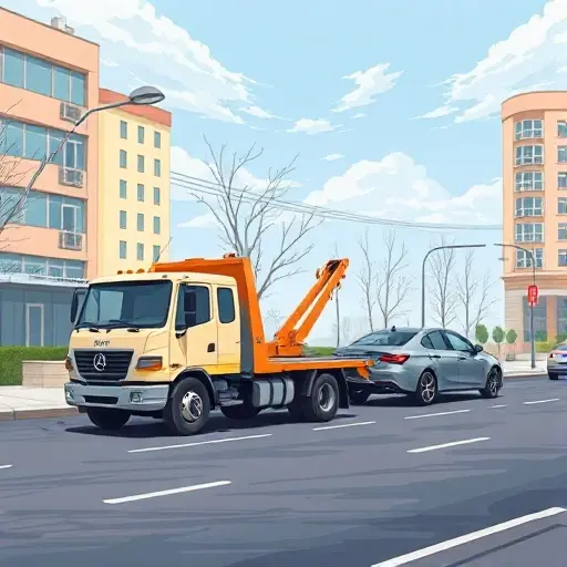 A realistic illustration of a tow truck pulling a car on a city street in Pushkino, with urban scenery and a clear, detailed background, no text or numbers