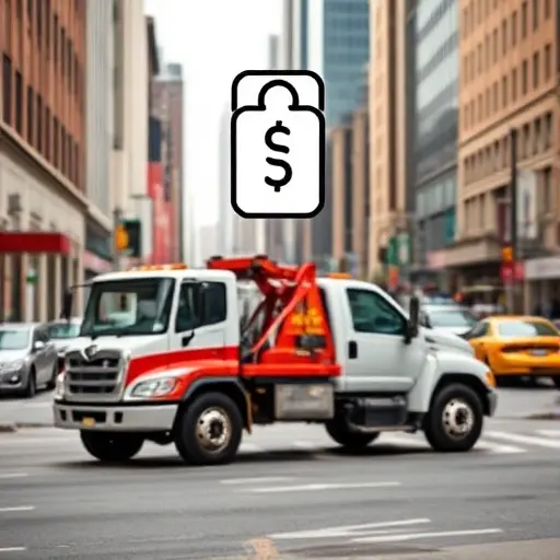 эвакуатор по городу цена A tow truck parked on a bustling city street, with a simple price tag icon floating above it, no text or digits, no people, no other vehicles, minimal background clutter, realistic lighting, clear focus on the tow truck and the icon.