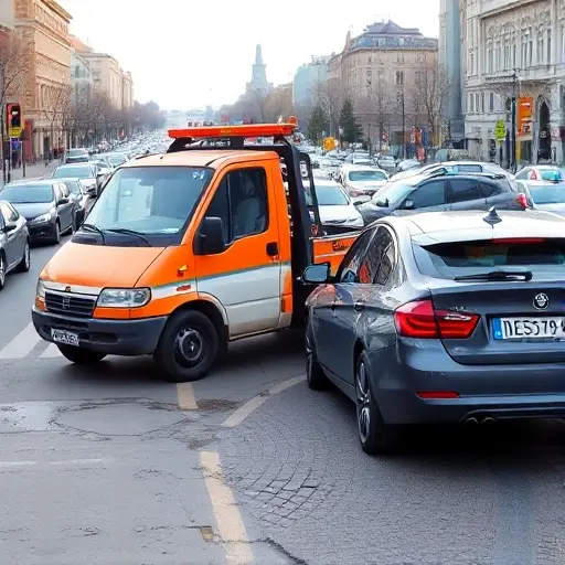 A tow truck parked beside a broken-down car on a Moscow street near Timiryazevskaya, with a traffic jam of other cars and a clear, realistic city background. The scene shows a typical accident or breakdown situation: a car with a flat tire, a broken engine, and a tow truck ready to pull it. The image should capture the urgency and the urban setting, with no text or lettering visible.