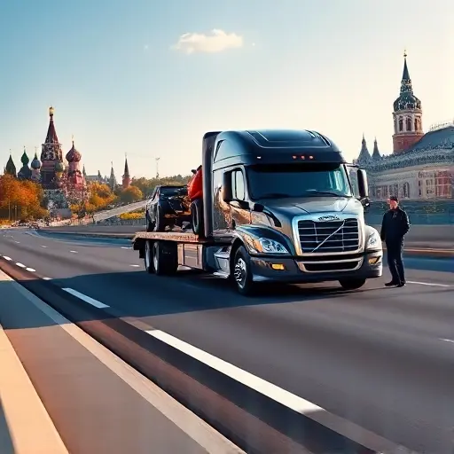 A realistic scene showing a modern tow truck traveling on a highway, with the silhouettes of Moscow's Kremlin and Vologda's historic architecture in the distant background, indicating a long-distance transport service. The truck is carrying a vehicle, and a satisfied driver stands beside it, conveying trust and reliability. The atmosphere is bright, professional, with a clear sky and smooth road.