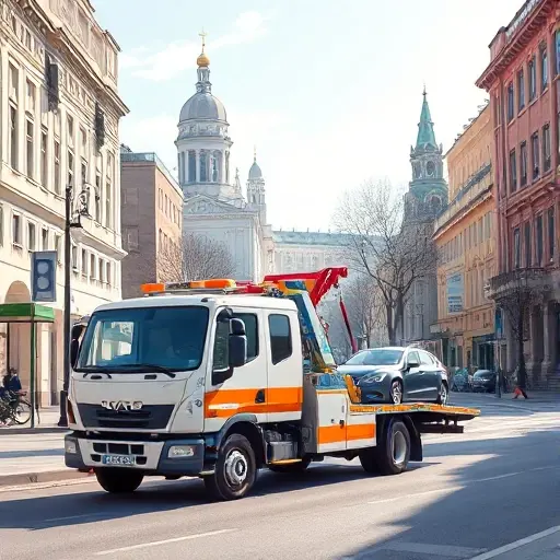 A realistic small-scale high-quality illustration of a tow truck on a city street, featuring architectural hints of Moscow and Nizhny Novgorod, with the truck pulling a car under bright daylight, no text or signage