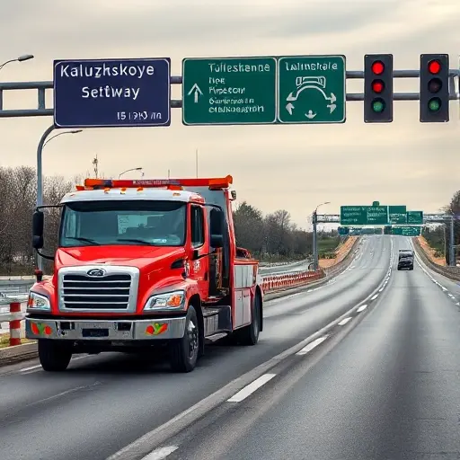 Эвакуатор Москва‚ Калужское шоссе: Полное руководство A realistic depiction of a tow truck parked on Kaluzhskoye highway in Moscow, with highway signage, traffic lights, and a clear view of the road, in a smallHQ style