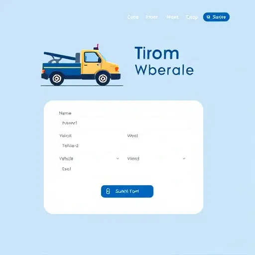 A clean, user-friendly web page design for a tow truck service website featuring a simple contact form. The image should show a modern layout with a prominent tow truck icon, a form area with input fields (name, phone, vehicle details) represented by blank boxes, a submit button, and a subtle map or location icon in the background. The color palette should be calm and professional, using blues and grays. The overall composition should convey simplicity and ease of ordering a tow service.