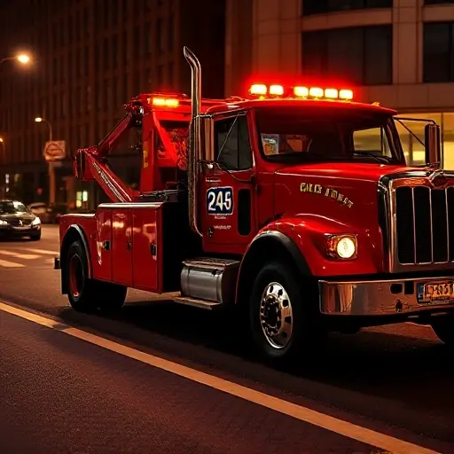 эвакуатор дешево 24 A bright red tow truck parked on a city street at night, with a large glowing symbol indicating 24 hours, no text or digits visible