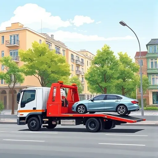 A realistic illustration of a tow truck working in the South-West district of Moscow, with typical city buildings, trees, and a parked car being towed on a street under a clear sky, without any text or logos.