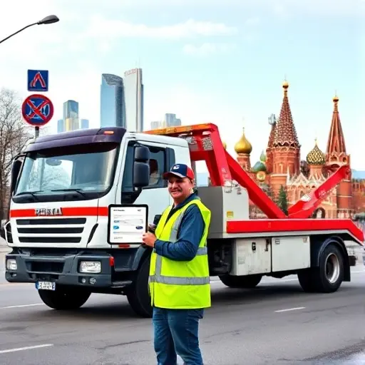 A tow truck parked on a Moscow street with the iconic skyline in the background. The driver, wearing a reflective vest and a cap, is standing beside the truck holding a tablet that displays a generic job search interface. The scene is captured in a realistic, high-resolution style with a focus on the vehicle, the driver, and the cityscape, without any visible text, logos, or digits in the image.