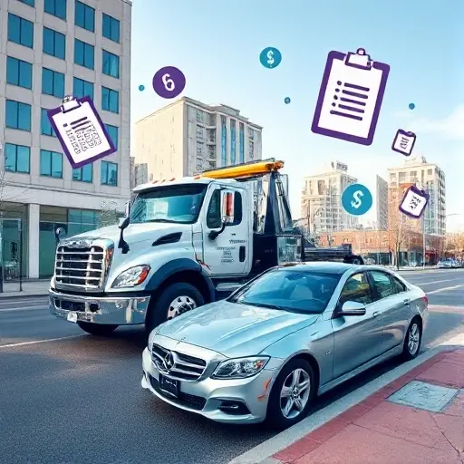 A realistic scene showing a modern tow truck parked beside a broken-down car on a city street, with visual elements that suggest cost breakdown such as floating icons of a calculator, a clipboard, and currency symbols subtly integrated, all without any readable text or numbers. The background includes urban buildings and a clear sky, emphasizing the service of ordering a tow truck.