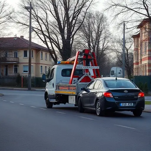 A tow truck in a suburban street of Pushkino, pulling a stalled car, with local architectural elements and a calm, early morning atmosphere, no text or signage visible