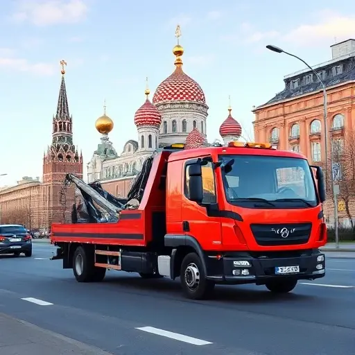 A modern tow truck positioned on a Moscow street, with recognizable city architecture such as the Kremlin dome in the background, under a clear sky. The scene includes a subtle smartphone silhouette nearby to suggest online service, all rendered in a compact, high-quality style without any letters or numbers.