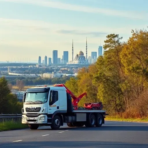 A tow truck parked on a road in the outskirts of Moscow near Balashikha, with a scenic view of the Moscow skyline in the background, the road lined with trees, a clear sky, and a subtle hint of the Russian countryside, all rendered in a realistic style.