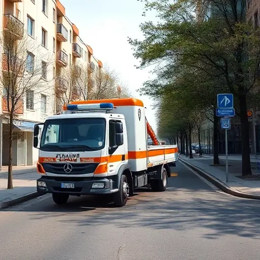 Эвакуатор на 2-й Полевой проезд: Полное руководство A realistic tow truck (evacuator) parked on a quiet urban street named 2nd Polevoy Passage, with the street lined by modest apartment buildings and trees, under a clear sky. The scene focuses on the vehicle and the surrounding street environment, without any visible signage, text, or people.