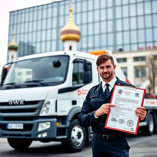 A professional tow truck parked in front of a modern Moscow building, with a visible company badge or emblem on the vehicle, a clipboard with a stamped license held by a uniformed driver, and a subtle background showing recognizable Moscow architecture such as the Kremlin dome, conveying trustworthiness and reputable service without any textual signage