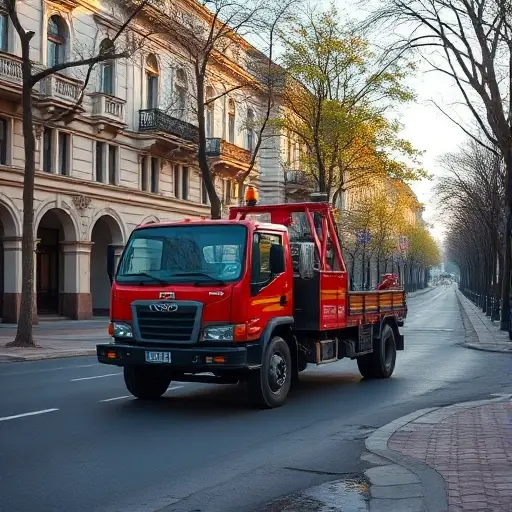 Эвакуатор в районе Якиманка: Полное руководство A realistic tow truck (evakuator) parked on a street in the Yakimanka district of Moscow, with classic early 20th‑century architecture, tree‑lined sidewalks, and a subtle hint of the Moscow River in the background; the scene is bathed in soft daylight, showing the vehicle’s details and the surrounding urban environment without any signage or text
