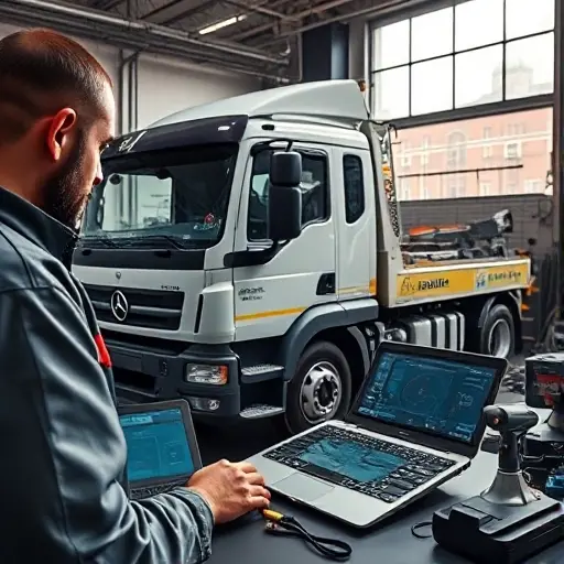 A modern tow truck (evakuator) in a Moscow repair workshop, with a mechanic using diagnostic equipment such as a handheld scanner and a laptop screen displaying data, surrounded by tools and parts, the workshop interior reflecting a professional environment, subtle hints of Moscow architecture through a window, all rendered in the smallHQ style