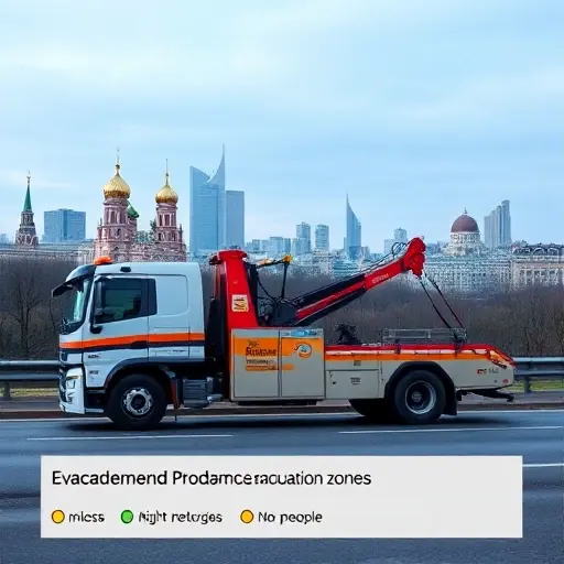 A tow truck (evacuator) parked on a road with the skyline of Moscow and Saint Petersburg in the background, highlighting high-demand evacuation zones in Saint Petersburg with subtle color-coded markers, no text or lettering, no people, no animals