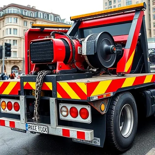 A professional heavy‑truck towing service in Moscow, showing a robust tow truck equipped with winches, chains, and a visible official license plate on the vehicle, set against a city street with recognizable Moscow architecture, emphasizing the presence of proper licensing and specialized equipment