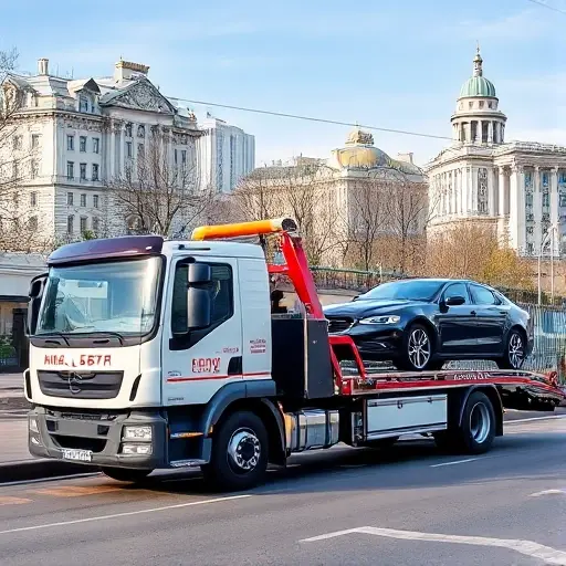 A modern tow truck parked on a Moscow street in the Timiryazevsky district, with a car being towed, cityscape background, clear sky, no text or signage