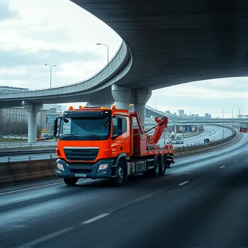 A tow truck parked on a Moscow bypass highway, with the highway’s concrete structure and surrounding urban environment visible, realistic lighting, no people or other vehicles, no text or signage