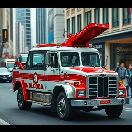 эвакуатор слобода A tow truck branded Sloboda depicted in a bustling city street, with a distinctive red and white color scheme and a stylized emblem on its side, no text or lettering visible, in a realistic style