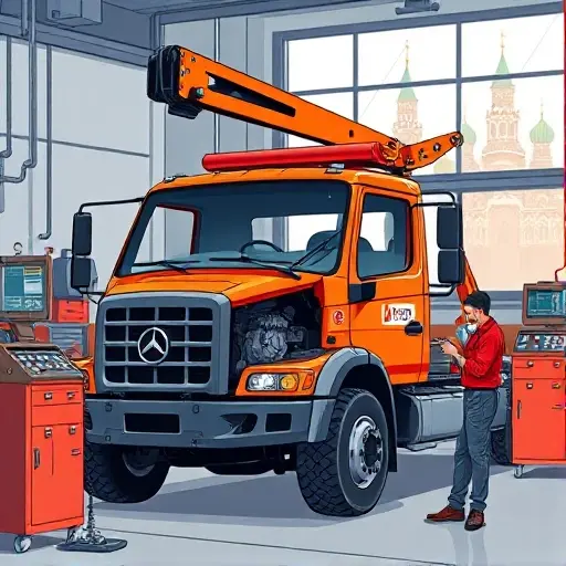 A detailed illustration of a tow truck (evakuator) inside a modern Moscow garage workshop, with a mechanic using diagnostic tools to inspect the vehicle's engine and hydraulic system. The background shows subtle hints of Moscow architecture through a window, such as the silhouette of the Kremlin towers, without any text or signage. The scene emphasizes technical equipment, tools, and the process of fault diagnosis, rendered in a realistic yet compact style.