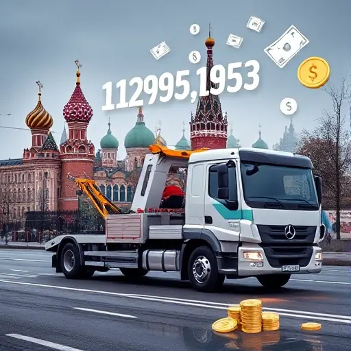 стоимость эвакуатора в москве расчет стоимости A realistic scene showing a modern tow truck parked on a Moscow street with recognizable Kremlin silhouettes in the background, a transparent overlay of a calculator and floating numeric symbols indicating cost calculation, and subtle icons of currency (coins and bills) hovering around the truck, all without any text or lettering.