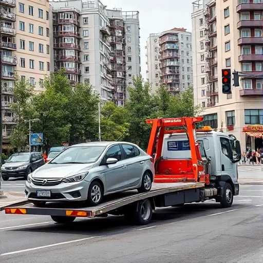 A realistic urban scene set in Moscow showing a tow truck pulling a small passenger car onto its platform. The background includes typical Moscow architecture such as mid‑rise apartment buildings, a few street trees, and a recognizable but generic city street with traffic lights and road markings. The focus is on the tow truck and the car, with the tow cable clearly visible, but no signage, logos, or any text on the vehicles or surroundings. The lighting is natural daylight, and the composition emphasizes the movement of the vehicle being taken away.