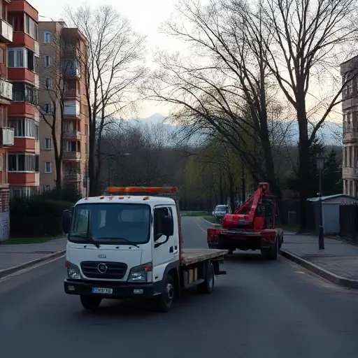 эвакуатор люблино A tow truck parked on a quiet street in the Lyublino district, with nearby residential buildings, trees, and a subtle city skyline in the background.