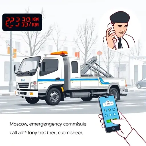 A tow truck parked on a Moscow street with a visible price meter indicating cost per kilometer, a subtle map of Moscow in the background, and a person dialing a phone to call an emergency commissioner, all depicted without any text, letters, or digits.