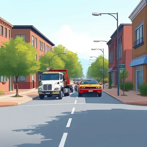 Эвакуатор на 1-й улице Новые Сады: Полное руководство A realistic smallHQ style illustration of a tow truck (evakuator) on the first street of the New Gardens neighborhood, showing a city street with buildings, trees, and a car being towed, under a clear sky, without any text or signage.