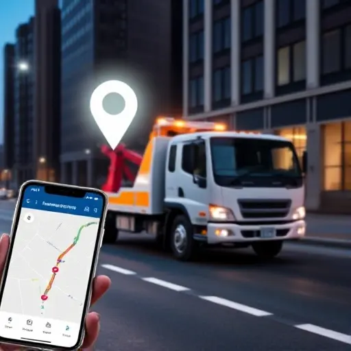 A modern tow truck parked on a city street, with a driver holding a smartphone that displays a map with a pin indicating the nearest tow truck location. A distressed car is on the side of the road, and the tow truck is ready to assist. The background shows urban buildings and a clear sky.