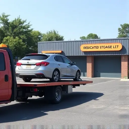 A tow truck carrying a car heading toward a dedicated storage lot with a clear, uncluttered background, no signage or text visible, emphasizing the vehicle and the parking area.