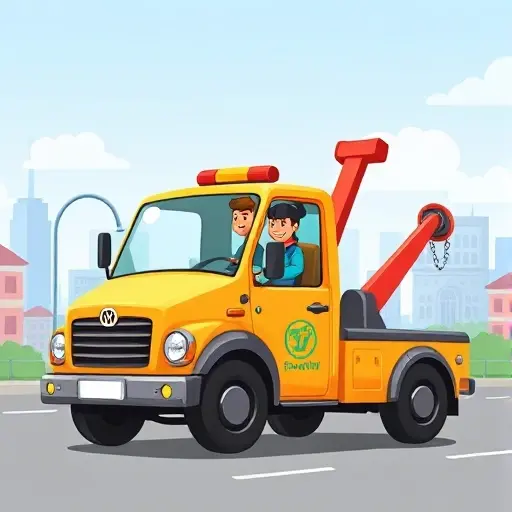 depict a friendly tow truck in Surikov city with a bright, eye-catching color scheme, a smiling driver, a satisfied customer, and a recognizable city backdrop, all without any text, letters, or digits, in a clean and approachable style