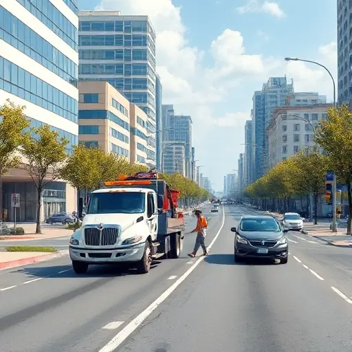 A realistic illustration of a tow truck pulling up to a broken-down car on a broad urban avenue named after cosmonauts, with modern buildings, trees, and a clear sky, showing the tow operator assisting the driver, captured in a smallHQ style