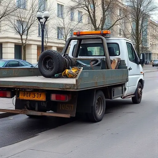 A tow truck parked on a Moscow street, visibly lacking essential equipment such as a missing winch, no spare tire, and no jack, showing a dilapidated or incomplete setup in a realistic style